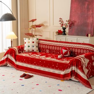 OEM Manta Reversible Antideslizante Para Sof&aacute; Con Motivos Navide&ntilde;os Y Flecos Rojos, 180 X 340 Cm