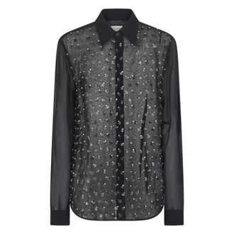Dries Van Noten Shirts, female, Blue, Size: XS Blue Crystal Embellished Sheer Shirt