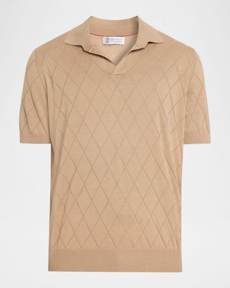 Brunello Cucinelli Men & apos;s Cotton Textured Argyle Cotton Knit Polo Shirt