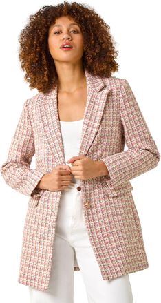 Roman Womens Check Single Breasted Boucle Jacket - Pink - Size 12 UK