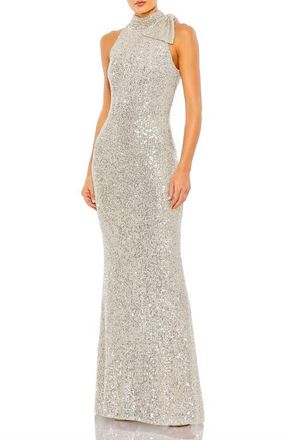 Mac Duggal Sequin Mesh Gown with High Neckline & Statement Shoulder Bow in Nude Silver at Nordstrom, Size 8