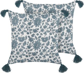 Beliani Beliani - Conjunto De 2 Cojines De Algod&oacute;n Blanco Verde Azulado 45 X 45 Cm Borlas Rumex