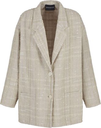 Emporio Armani single-breasted boucl&eacute; blazer - women - Metallic Fibre/Polyester/Cotton/Linen/Flax - 42 - Neutrals