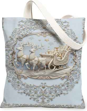 Generic Christmas Reindeer Canvas Tote Bag, Elegant Vintage Sleigh Design Lightweight Washable Shoulder Strap Shopping Bag for Holi, Blue, 13x15 Inch