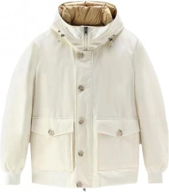 Woolrich Jassen, Heren, Beige, L, Katoen, Korte Hooded Bomber Jacket Byrd Stijl