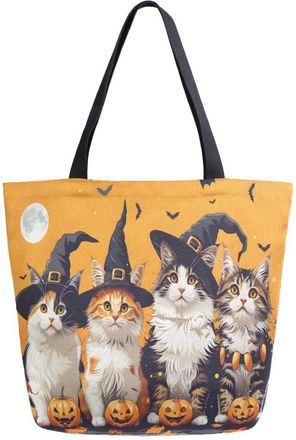 Alaza Canvas Tote Bag Large Women Casual Shoulder Bag Handbag Cats Halloween Pumpkin Reusable Multipurpose Heavy Duty Shopping Grocery Cotton Bag for Mom