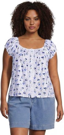 Lands End Plus Size Sleeveless Lightweight Jersey Pintuck Button Front Blouse in White/clear Blue Sky Flowers at Nordstrom, Size 2X