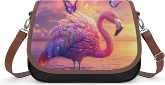 Generic Cute Flamingo with Butterfly1 Crossbody Bag Womens Handbag PU Message Bags Shoulder Purse with Adjustable Strap