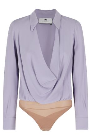 Elisabetta Franchi Lilac Organza-Inserts Padded-Shoulders Viscose Bodysuit