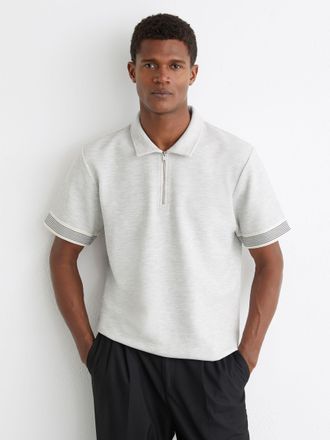 Reiss Grey Melange Sleeve-trim Half-zip Polo Shirt, Xxl