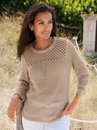 Casual Looks 3/4 Arm-Pullover CASUAL LOOKS Ajour-Pullover, Damen, Gr. 36, beige, 50% Baumwolle, 50% Polyacryl, unifarben, Pullover 3/4 Arm-Pullover