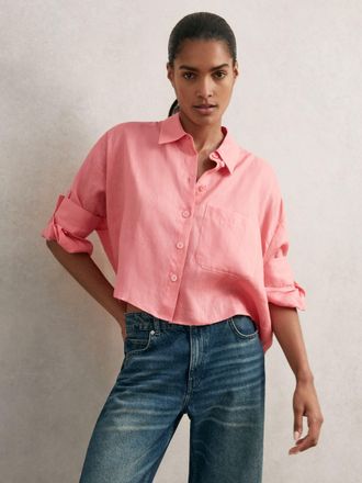 Reiss Pink Oversize Linen Cropped Shirt, 10