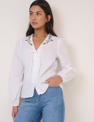 Nobody's Child White Floral Embroidered Collar Blouse