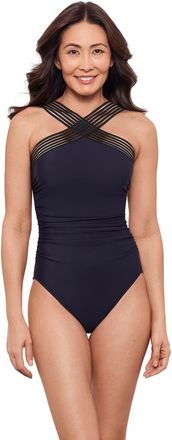 Aqua Green High Criss Cross Neck Full Coverage Novelty Trim One-Piece Swimsuit in True Navy at Nordstrom, Size X-Large