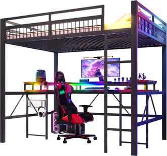 STILVORA Cama Alta 140 X 200 Cm Con Escritorio, Led Ajustable, Usb, Tipo-c Y 2 Enchufes, Sin Colch&oacute;n, De Metal, Negro