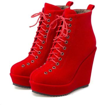Generic Womens Winter Ankle Boots Platform Round Toe Wedge Heel Pumps Shoes for Casual and Party Daily Wear (7.5,Red)