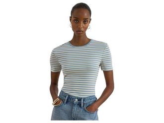 Lauren Ralph Lauren Paisley Stretch Cotton Crewneck T-Shirts Womens Clothing Cream/Blue/ : SM, Cotton/Elastane