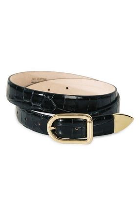 D&eacute;hanche Mija Croc-Embossed Leather Belt in Black Croco/Gold at Nordstrom, Size X-Small