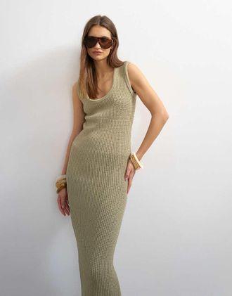 Topshop Vestito lungo kaki in maglia tubolare con scollo rotondo-Verde