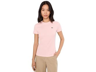 Lacoste Slim Fit Ribbed Cotton T-Shirt Womens Clothing Light Pink : 10 (EUR 42)