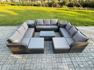 Fimous Outdoor Garden Furniture Sets 11 Seater Wicker Rattan Furniture Sofa Sets with Rectangular Coffee Table 3 Seater Sofa 2 Side Tables Footstool