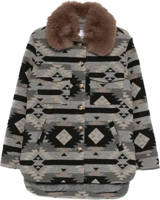 Ava Adore Boxy Short Coat With Geometric Tribal Pattern And Oversized Fur Collar