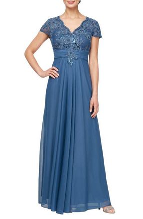 Alex Evenings Lace & Sequin Chiffon Gown in Vintage Blue at Nordstrom, Size 14P