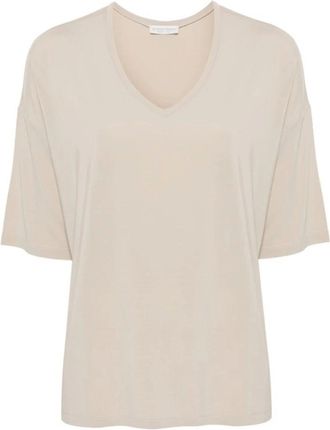 Le Tricot Perugia Beige V-hals T-shirt met dropped shoulders - Dames - T-shirts - Beige - 3XL - Tops
