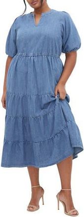 City Chic August Tiered Midi Dress in Light Wash at Nordstrom Rack, Size 24W