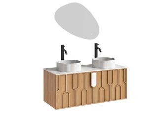 Vente-Unique Mueble de ba&ntilde;o texturizado suspendido con doble lavabo sobre encimera redondo estriado, grifo y espejo - Natural claro - An. 120 cm - MERKAN