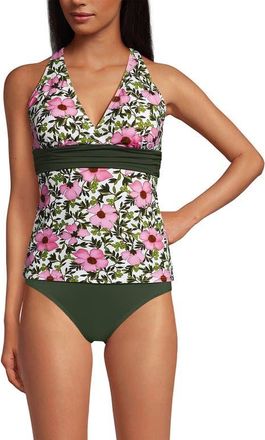 Lands End Chlorine Resistant Plunge X-Back Tankini Swimsuit Top in Pink Floral/border Mix at Nordstrom, Size Small