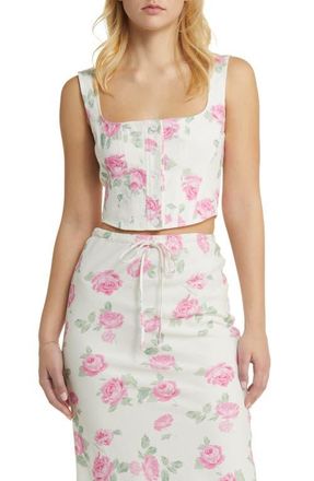 Wayf Romeo Floral Linen Blend Crop Top in Ivory Roses at Nordstrom, Size Medium