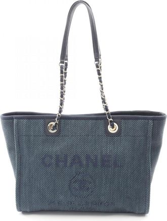 Chanel Blue Navy Leather Straw Tote Bag (Pre-Owned)