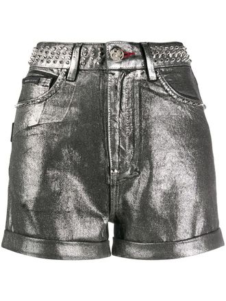 Philipp Plein Shorts metallizzati con borchie - Argento
