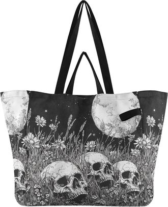 Generic Flowers White Skull Moon pattern Reusable Canvas Tote Bag, Heavy Duty Grocery Shopping Bag with Large Capacity Double Handles Hard Bottom Work Groceri