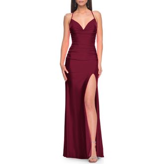 La Femme Ruched Jersey Prom Dress with Slit in Dark Berry at Nordstrom, Size 6