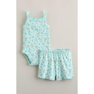 Nordstrom Tank Bodysuit & Shorts Set in Teal Delight Sugar Floral at Nordstrom, Size 24M
