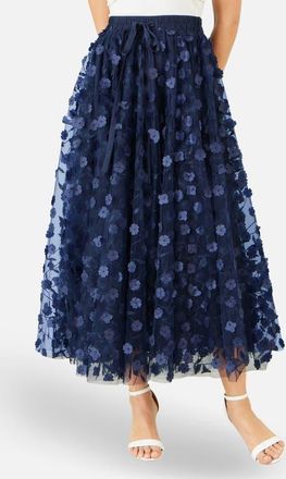 Yumi Mesh Floral Applique Midi Skirt in Navy at Nordstrom, Size 12