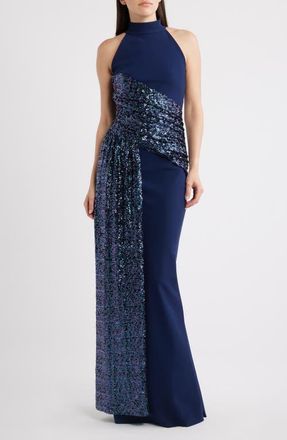 La Petite Robe Di Chiara Boni Virgo Sequin Drape Mermaid Gown in Blue Notte at Nordstrom, Size 12 Us