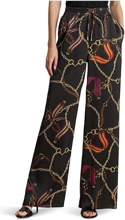 Lauren Ralph Lauren Belting-Print Charmeuse Wide-Leg Pants Womens Clothing Black : XS 31.5, Polyester