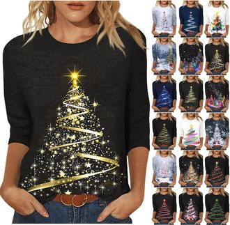 Generic Long Sleeve Tops Women Christmas Shirt Ladies 3/4 Sleeve Crew Neck Tee Tops Casual Fashion Blouses Holiday Party Clothes for Daily Wear Winter Travel