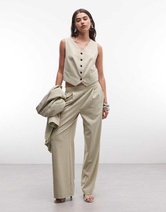 AllSaints Aleida - Pantaloni sartoriali a fondo ampio verde pallido a pieghe in coordinato