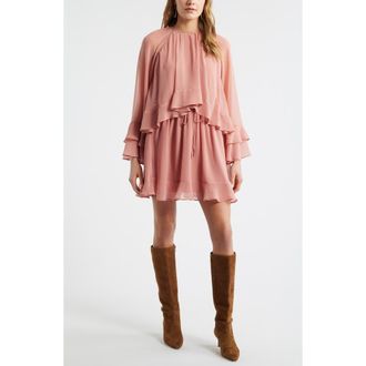 Treasure & Bond Tiered Long Sleeve Chiffon Minidress in Pink Desert at Nordstrom Rack, Size X-Large