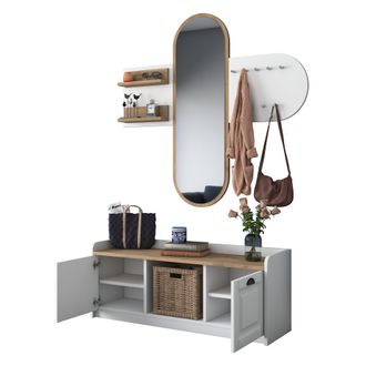 Dmora Mueble De Entrada Crespino, Espejo Incluido, 5 Estantes, Perchero, 120x40x45h Cm Blanco