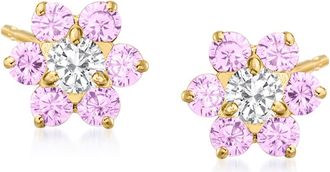 Ross-Simons Childs. Pink and White CZ Flower Earrings in 14kt Yellow Gold