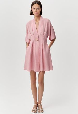 Exquise Alita V Neck Short Sleeve Linen Mini Dress in Pink at Nordstrom, Size Xx-Large