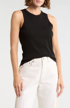 Madewell Ribbed Stretch Cotton Cutaway Tank in Jet Black at Nordstrom Rack, Size Xx-Small