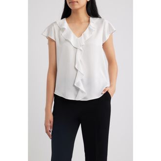 Tahari by ASL Ruffle Flutter Satin Top in Ivory at Nordstrom, Size X-Small