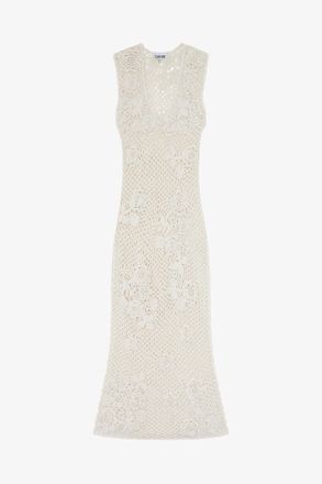 Ganni White Long Dress in Cotton Crochet - Size S Organic