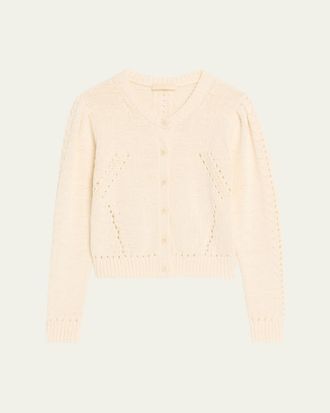 Ulla Johnson Delphina Pointelle Knit Puff-Sleeve Crewneck Cardigan